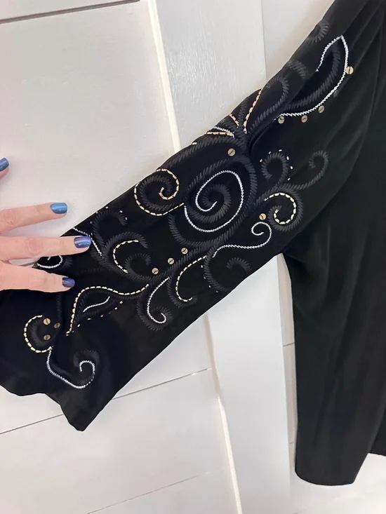 CHICOS TRAVELER XL black open embroidered stretch classic coastal comfort blazer - Picture 6 of 9